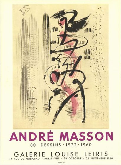 André MASSON - 1960 Galerie Louise Leiris - 80 dessins 1922 - Affiche française roulée...