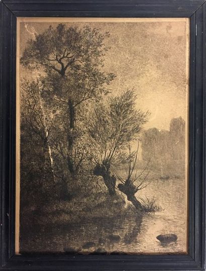 null Émile AURECHE (XIX-XX)

Paysage de bord de rivière

Eau-forte collée sur panneau

(Déchirures)

34,5...