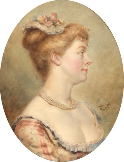 GASTON GÉRARD (1859-?) Femme de profil au collier de perles, 1877
Aquarelle
Signée...