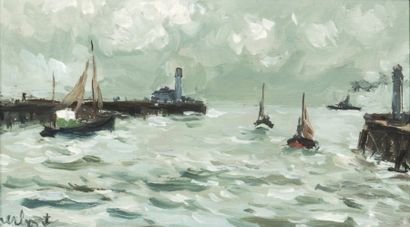 Fernand HERBO (1905-1995) Sortie de port, circa 1960
Huile sur bois
Signée en bas...