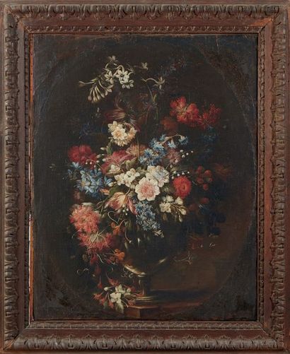 Attribué à Andrea SCACCIATI (1642-1710) Bouquet de fleurs
Toile ovale, mise au rectangle
77...