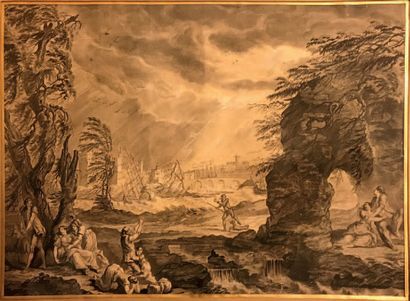 Suiveur de Joseph VERNET (1714-1789) Tempête sur la cote
Lavis gris, plume et encre...