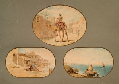 Philippe BELLOT (1831-1911) Trois vues d'Egypte, dans un même encadrement, 1867-1868
Aquarelle,...