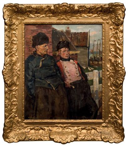 Frans LANGEVELD (1876/77-1939) Deux militaires sur un port en Hollande, circa 1880
Huile...