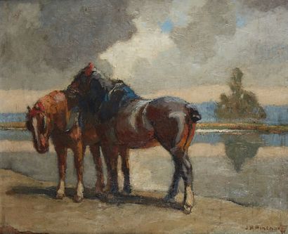 Jean Porphyre PINCHON (1877 - 1953) Couple de chevaux en bord de rivière
Huile sur...