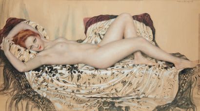 Gustave BRISGAND (1867-1944) Nue allongée sur un divan
Pastel et fusain signé en...
