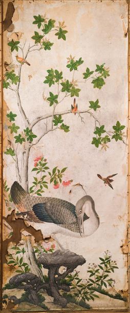 CHINE - FIN XVIIIE SIÈCLE Sept lés de papiers peint, représentant des oiseaux: faisans,...
