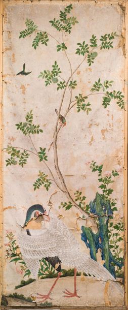 CHINE - FIN XVIIIE SIÈCLE 
Sept lés de papiers peint, représentant des oiseaux: faisans,...