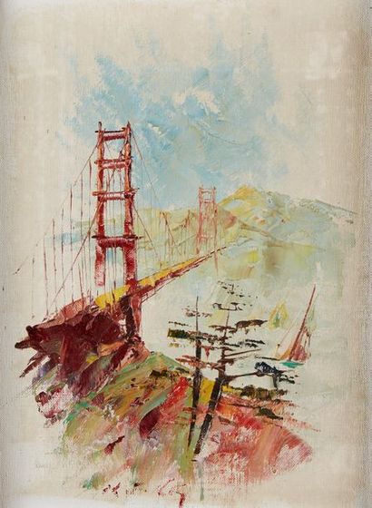 Kee Fung Ng (1941 - ) 
Golden Gate bridge émergeant de la brume
Huile sur toile.
Dim....