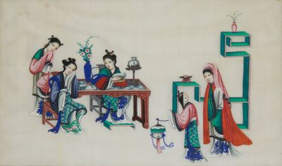 CHINE, Canton - Fin XIXe siècle 
Deux gouaches sur papier de riz, jeunes femmes à...