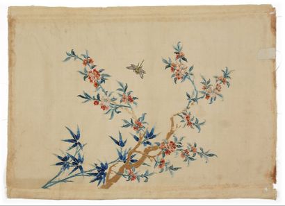CHINE - XIXe siècle Ensemble de neuf panneaux rectangulaires en soie écrue à décor...