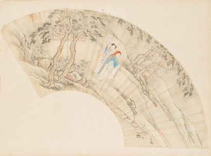 CHINE - XIXe siècle 
Peinture sur éventail, encre et couleurs sur papier, représentant...