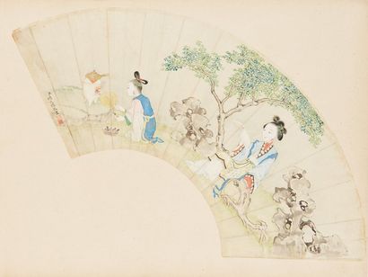 CHINE - XIXe siècle Peinture sur éventail, encre et couleurs sur papier, représentant...