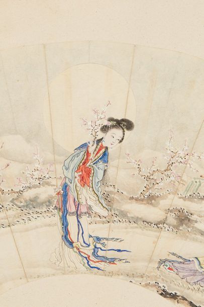 CHINE - XIXe siècle 
Peinture sur éventail, encre et couleurs sur papier, représentant...