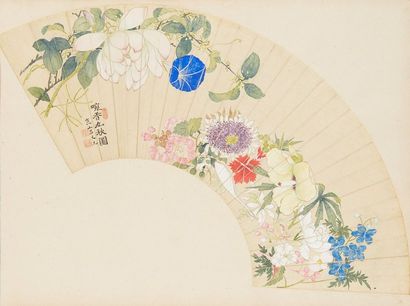 CHINE - XIXe siècle Peinture sur éventail, encre et couleurs sur papier, représentant...