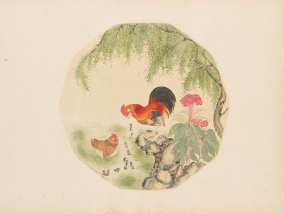 CHINE - XIXe siècle Peinture sur éventail ronde à dix pans, encre et couleurs sur...