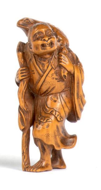 Fin Epoque EDO (1603 - 1868) Netsuke en bois représentant gama sennin, son crapaud...