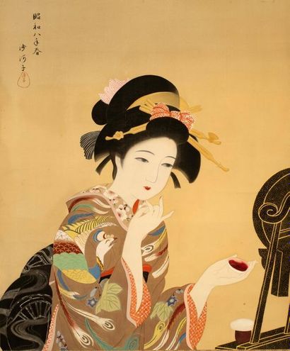 Toyotoshi (actif ca. 1830) Encre sur soie, bijin avec un brûle-parfum.
Signé Toyotoshi.
Dim....