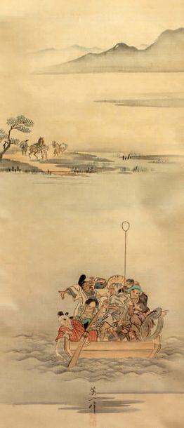 XXe siècle Deux encres sur soie, personnages dans une barque, (68 x 29 cm.); bouvier...