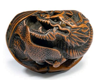 Epoque EDO (1603 - 1868), XIXe siècle Netsuke en bois, dragon enroulé sur lui-même,...