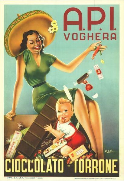 DI LULLO - A.P.I. VOGHERA Cioccolato Torrone - affiche roulée en très bon état, ...