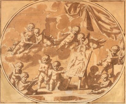 Louis-Félix de LA RUE (Paris 1720 - 1765) Une paire Putti peintre et Putti musicien
Plume...