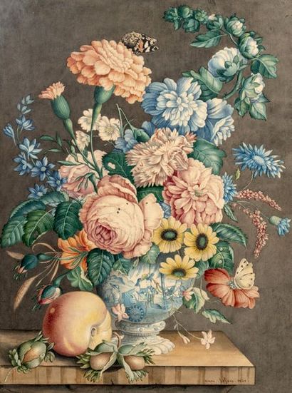Ecole du NORD, vers 1800, Van LEEN Bouquets
Paire d'aquarelles, signées et datées...