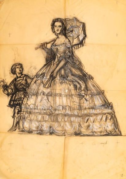 Constantin GUYS (1802/05-1892) Élégante à l'ombrelle et enfant
Fusain et pastel sur...