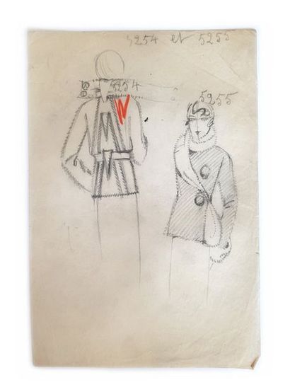 WORTH Lot de 7 dessins de mode de Leo Tissandié, sur calque à l'encre noire et ocre,...