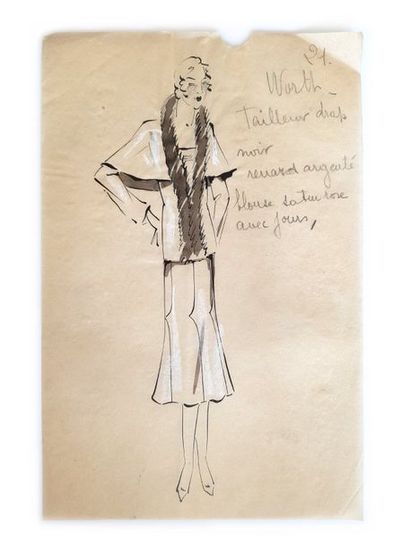 WORTH Lot de 5 dessins de mode de Leo Tissandié, sur calque à l'encre noire et ocre,...
