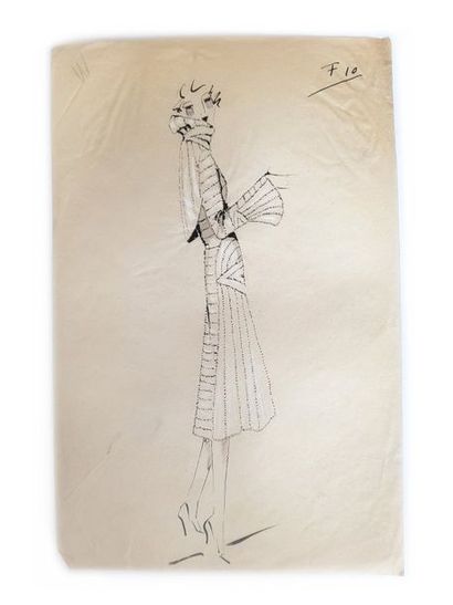 WORTH Lot de 6 dessins de mode de Leo Tissandié, sur calque à l'encre noire et ocre,...