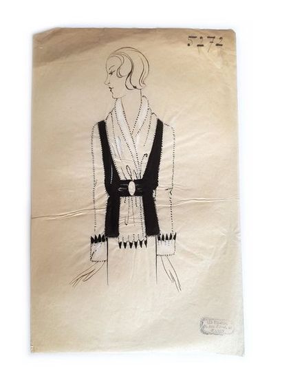 WORTH Lot de 6 dessins de mode de Leo Tissandié, sur calque à l'encre noire et ocre,...