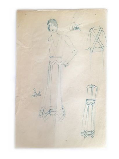PATOU Lot de 6 dessins de mode de Leo Tissandié, sur calque à l'encre noire et ocre,...