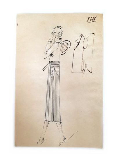 PATOU Lot de 6 dessins de mode de Leo Tissandié, sur calque à l'encre noire et ocre,...