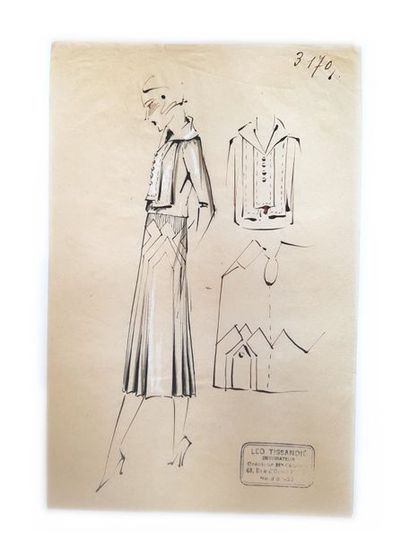 PATOU Lot de 12 dessins de mode de Leo Tissandié, sur calque à l'encre noire et ocre,...