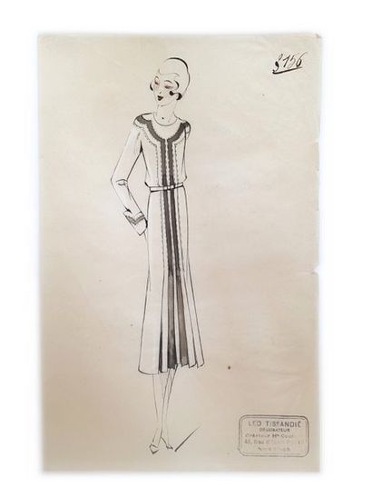 PATOU Lot de 7 dessins de mode de Leo Tissandié, sur calque à l'encre noire et ocre,...