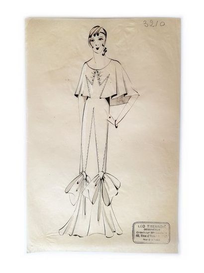 VIONNET Lot de 5 dessins de mode de Leo Tissandié, sur calque à l'encre noire et...