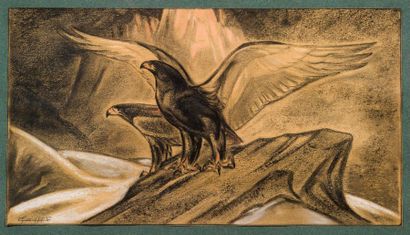 GASTON SUISSE (1896-1988) 
Aigles bateleur sur un rocher, 1943
Pastel sur papier...