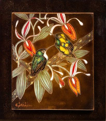 GASTON SUISSE (1896-1988) 
Nitalvas dans les orchidées
Panneau de laque gravé
Laque...
