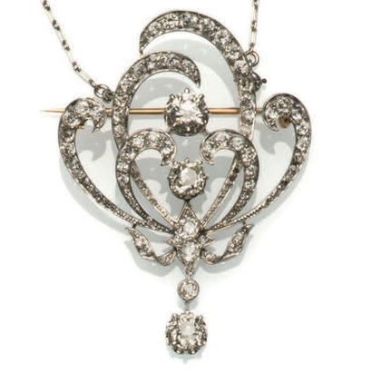 null Pendentif Art Nouveau formant broche, collier en platine (950°/00) et or 18K...