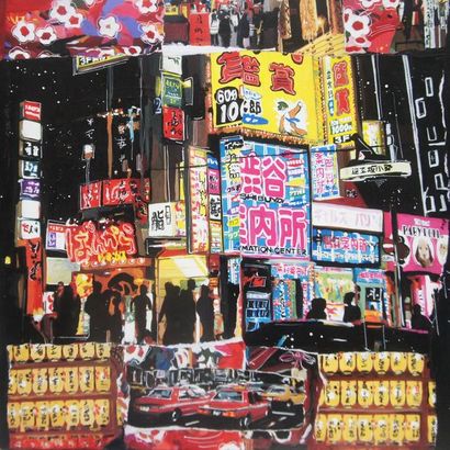 BEDAT Céline Un soir à Tokyo / Acrylique, encre et collage sur toile / Signé à la...