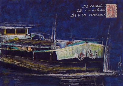LACROIX Jean-Luc Mail barge / Enveloppe Mail-Art / Acrylique et crayon sur papier...