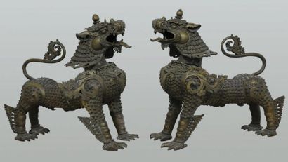 TIBET - NEPAL Paire de lions en bronze. Népal, fin XIXe s. H : 54 cm L : 56 cm