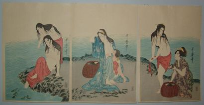 JAPON Triptyque d'Utamaro, la collecte des coquillages awabi. Vers 1900.