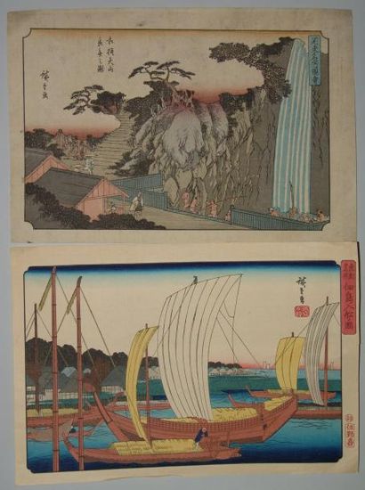 JAPON Deux estampes de Hiroshige, série Edo Meisho, bateaux et cascade. Vers 190...