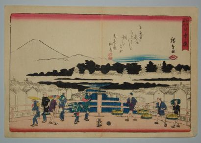 JAPON Estampe de Hiroshige, série Edo Meisho, le pont Nihonbashi et le Fuji au fond....
