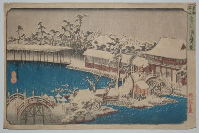 JAPON Estampe de Hiroshige, série Toto Meisho, le jardin de Kameido sous la neige....