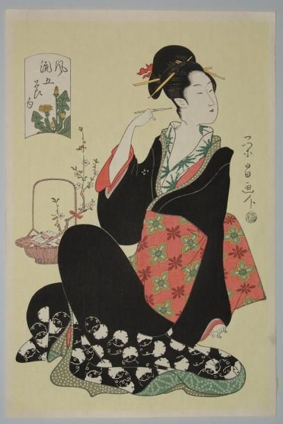 JAPON Estampe d'Eisho, une jeune femme assise tenant une épingle à cheveux. Vers...