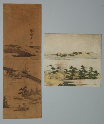 JAPON Deux estampes de Toyohiro, paysages lacustres. Vers 1802.