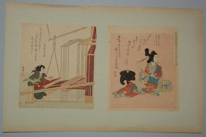 JAPON Trois surimono de Gakutei et Shigenobu, femmes et corbeau. Vers 1900.